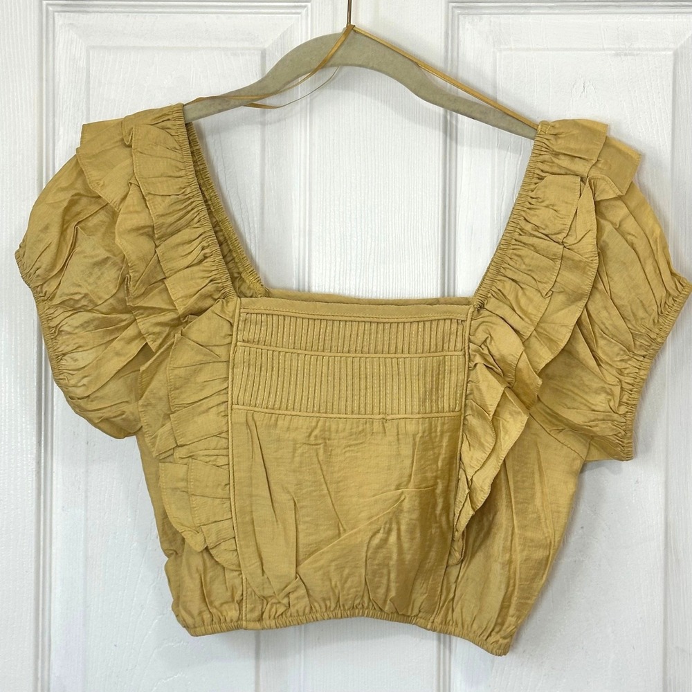 Moon River Mustard Ruffle Puff Sleeve Crop Top Smocked‎ Cottagecore Size S NWT